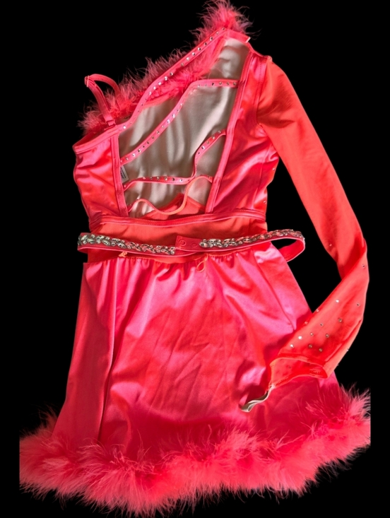 Girls Weissman Coral Pink Competition Dress with Feather Trim Dance/Ice Skating - Picture 7 of 13